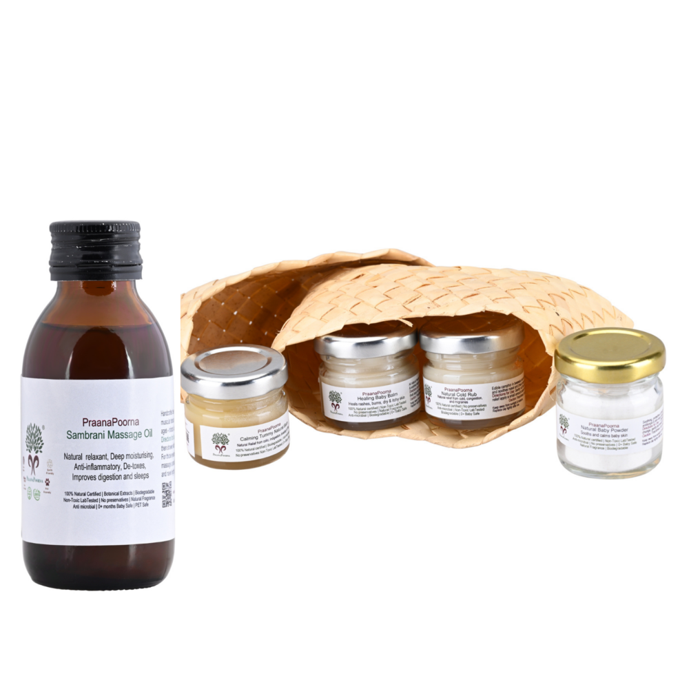 Newborn baby care pack with healing balm, cold rub, sambrani oil, baby powder, and tummy balm.