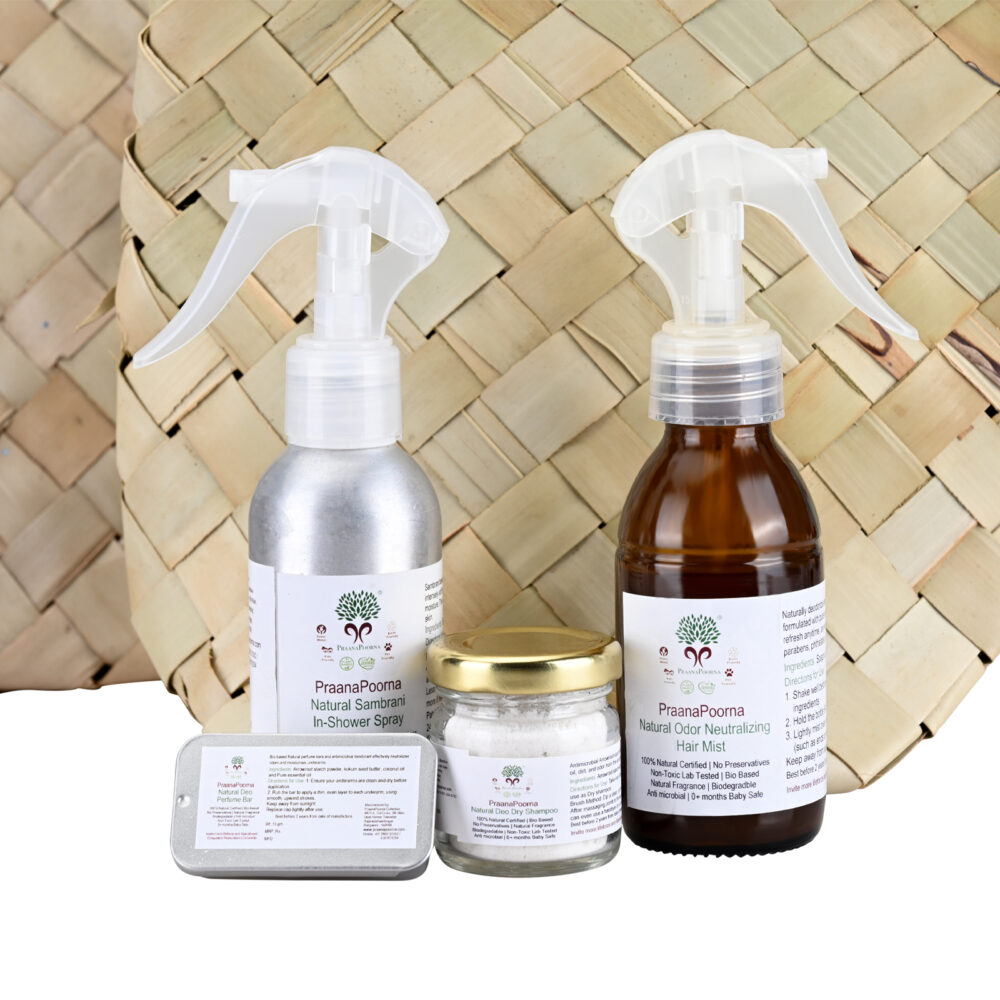 A natural head-to-toe deodorant pack featuring hair mist, dry shampoo, perfume bar, and in-shower sambrani spray for all-day freshness.